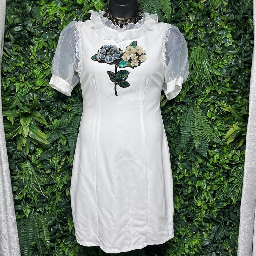 WHIMSICAL Dress Women Large Cream Short Puff Sleeve Embroidered Sequin 2567‎
